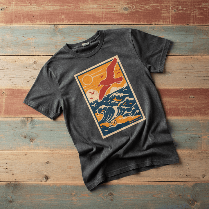 Ocean Beach Summer Breeze pepper garment-dyed tee tossed on retro-grunge driftwood planks