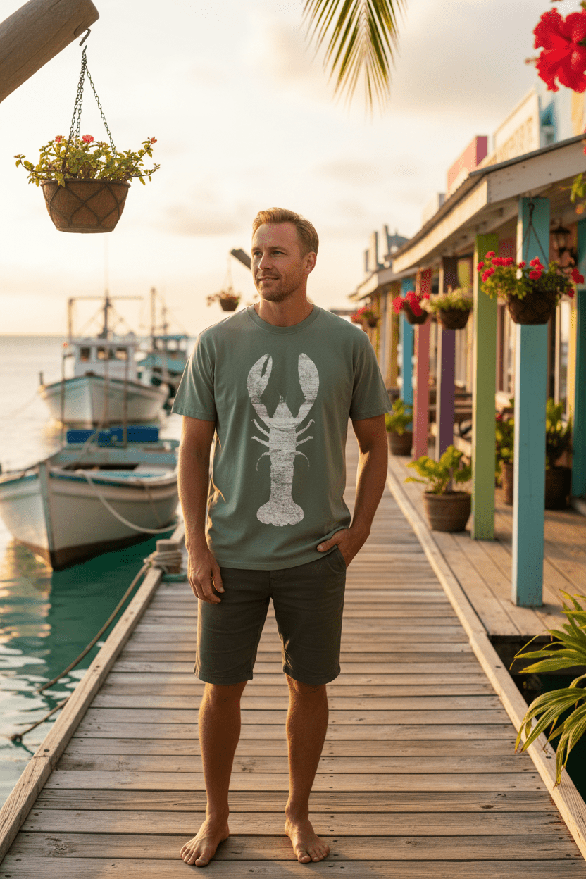 Male lifestyle - sage green lobster tee, tropical island dock