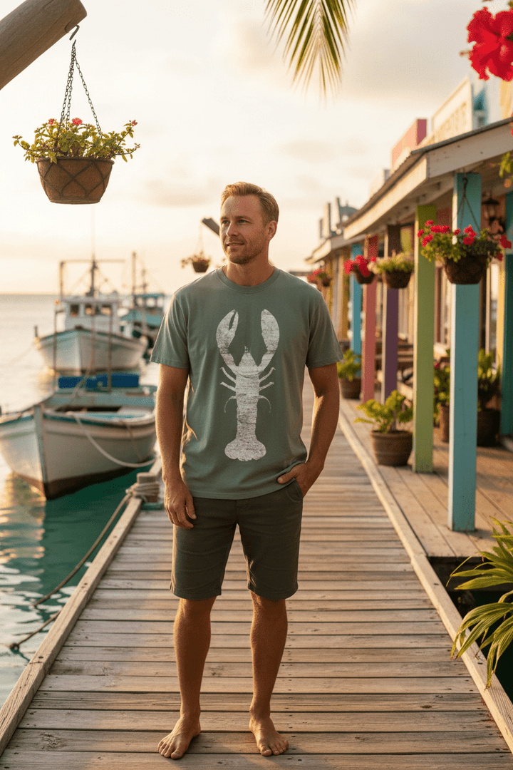 Male lifestyle - sage green lobster tee, tropical island dock