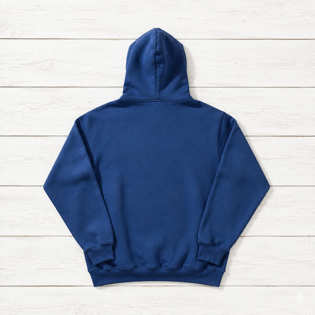 Flo Blue hoodie back flat lay on whitewashed boards