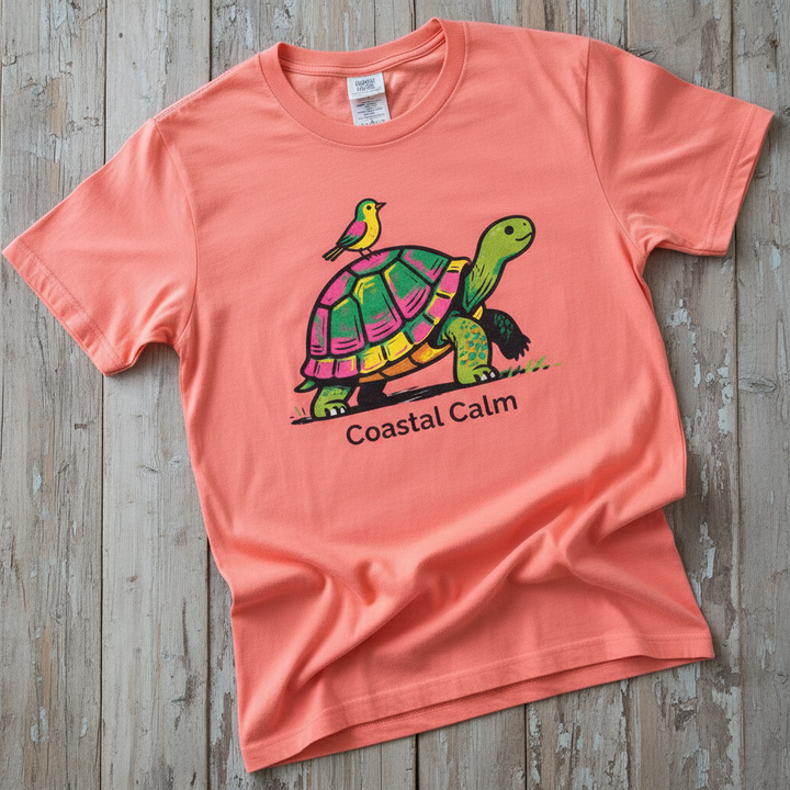 Coastal Calm Turtle Buddies bright salmon garment-dyed tee on faded driftwood planks