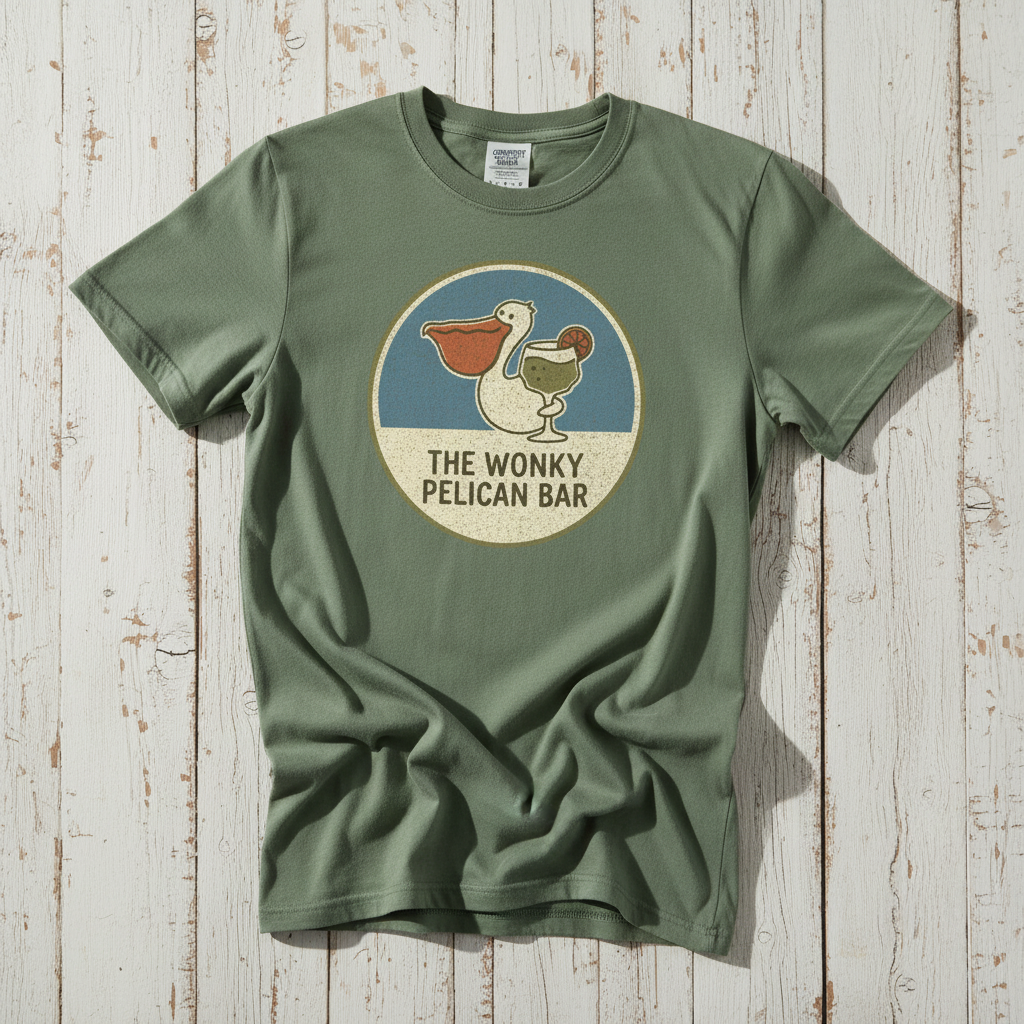 Wonky Pelican Bar sage garment-dyed tee on weathered wood planks