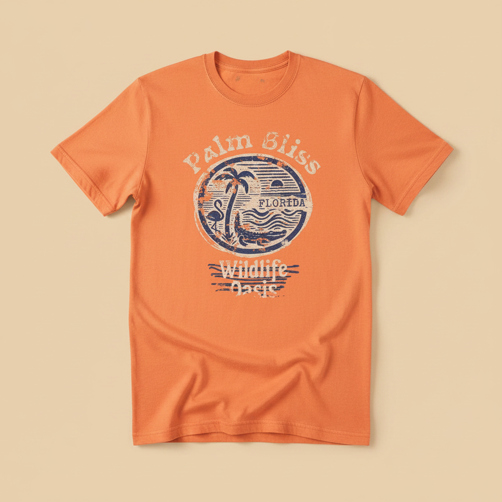 Palm Bliss Wildlife Oasis Tee in Orange — front graphic, warm sand studio background