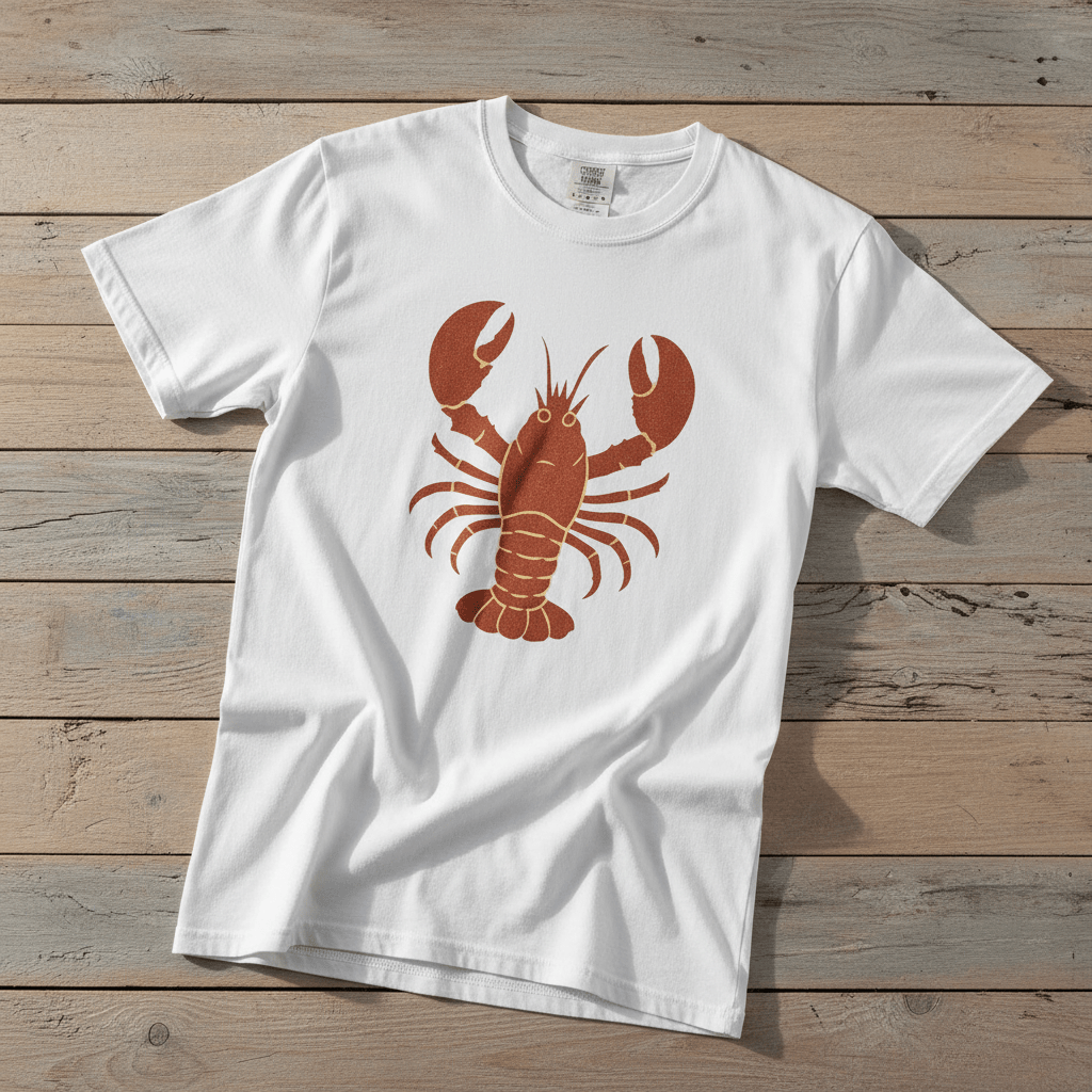 Big Red Lobster white garment-dyed tee on faded driftwood planks