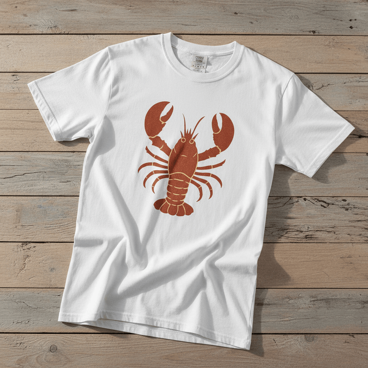 Big Red Lobster white garment-dyed tee on faded driftwood planks