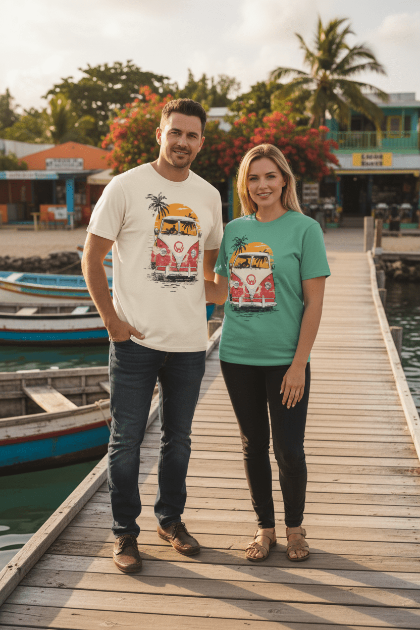 Couple lifestyle - cream and green VW Bus sunset tees, tropical island dock