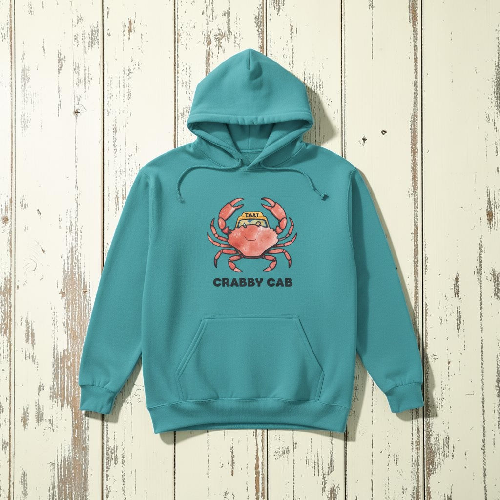 Crabby Cab Co. Garment-Dyed Hoodie seafoam on faded driftwood planks