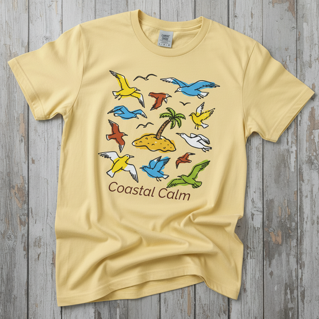 Coastal Calm Sea Birds Take Flight banana garment-dyed tee on faded driftwood planks