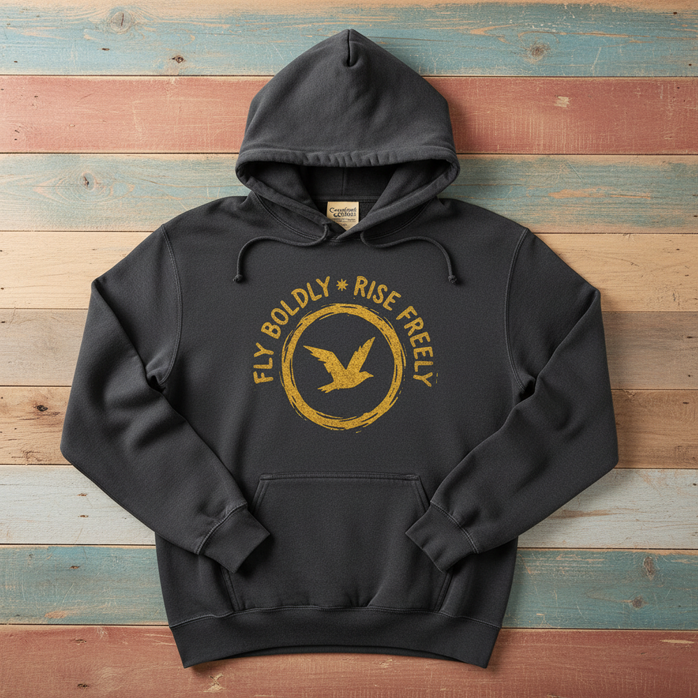 Charcoal Fly Boldly Rise Freely hoodie flat lay on weathered driftwood planks