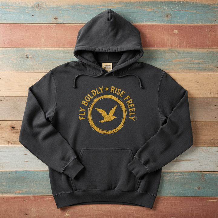 Charcoal Fly Boldly Rise Freely hoodie flat lay on weathered driftwood planks