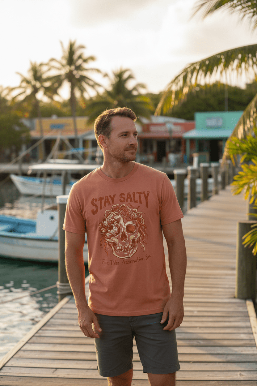Male model wearing terracotta Stay Salty Five Tides Preservation Soc. t-shirt on tropical island beach town boat dock