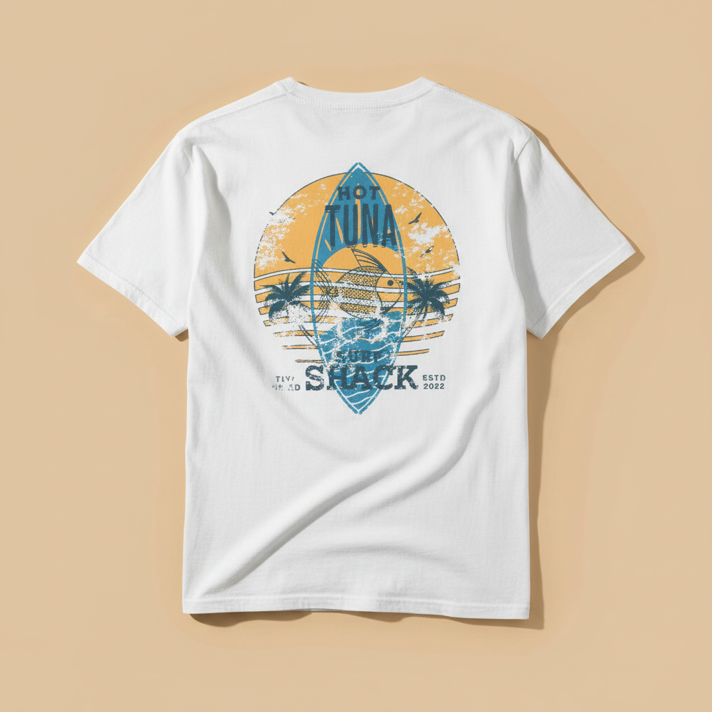 Hot Tuna Surf Shack Tee in White — full back graphic, warm sand studio background