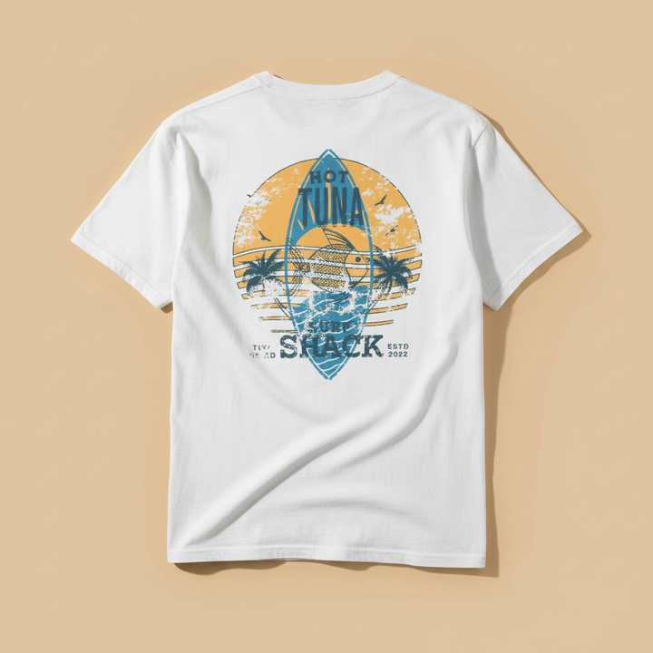 Hot Tuna Surf Shack Tee in White — full back graphic, warm sand studio background