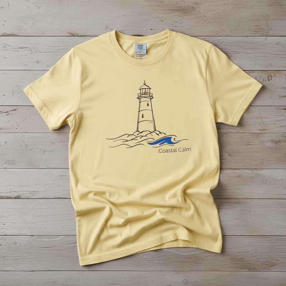 Coastal Calm Lighthouse Blue Sea banana garment-dyed tee on faded driftwood planks