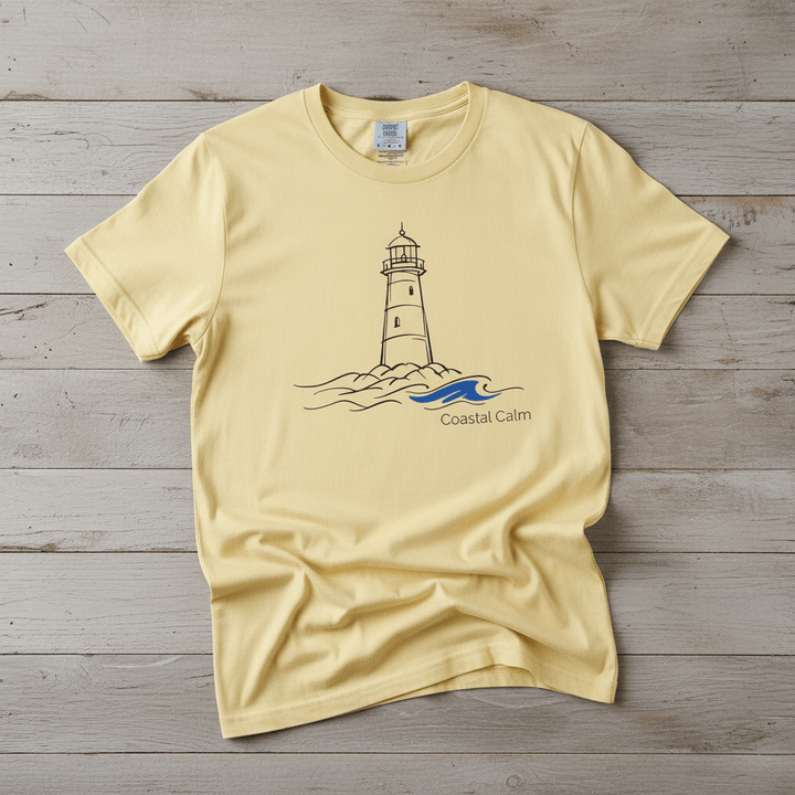 Coastal Calm Lighthouse Blue Sea banana garment-dyed tee on faded driftwood planks