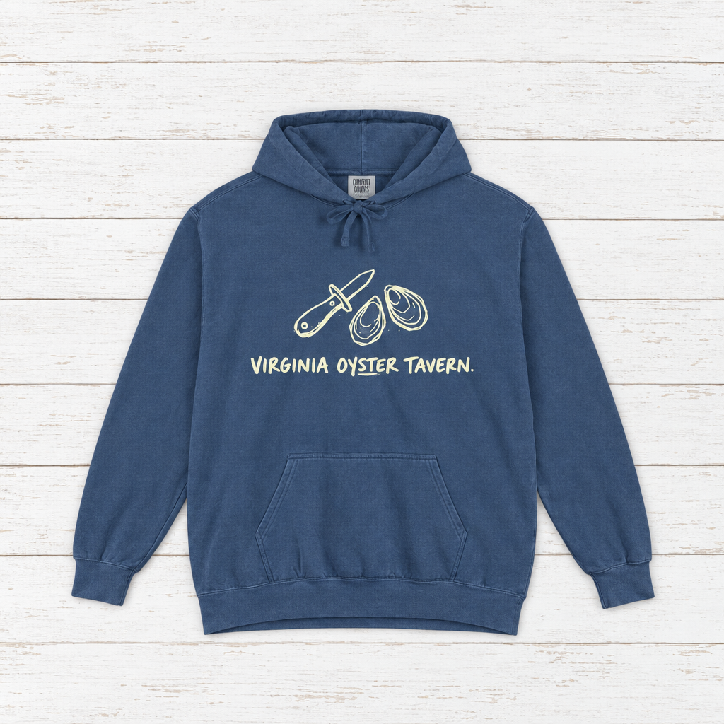 Virginia Oyster Tavern hoodie flat lay on whitewashed boards