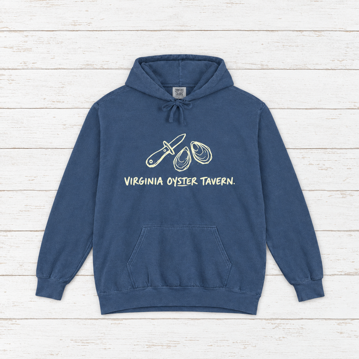 Virginia Oyster Tavern hoodie flat lay on whitewashed boards