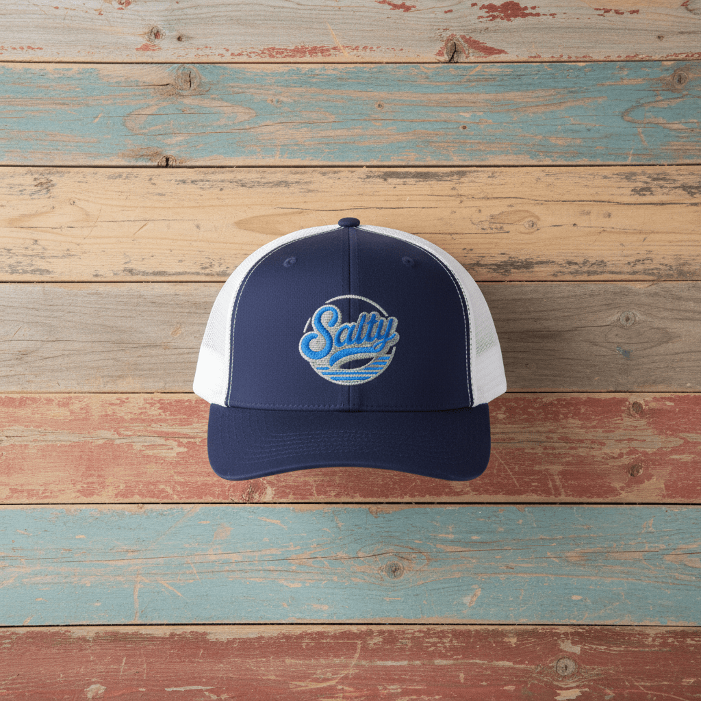 Salty Wave Snapback Trucker Cap navy white on faded driftwood planks