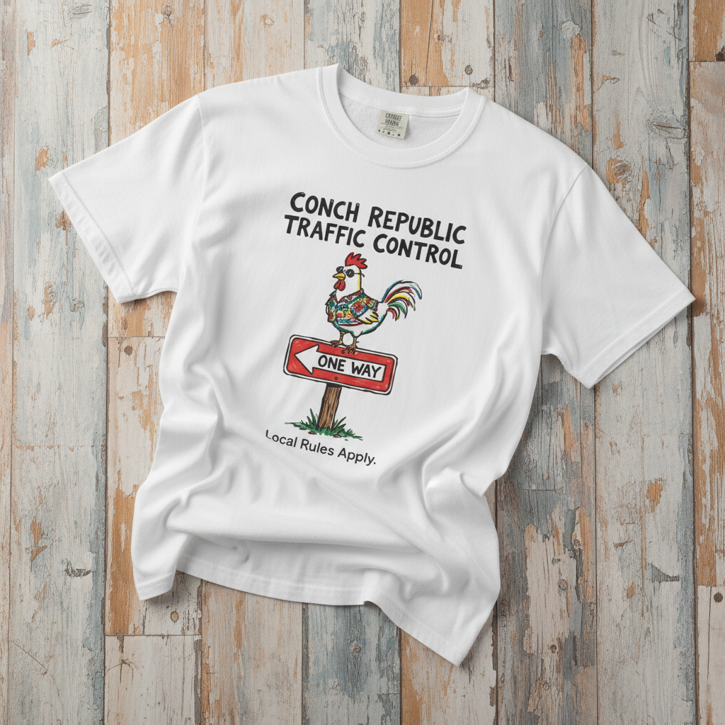 Conch Republic Traffic Control white garment-dyed tee on faded driftwood planks