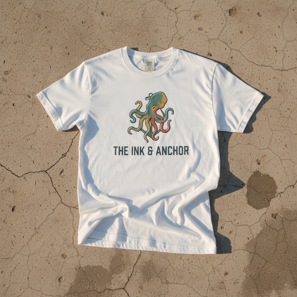 Octopus Ink & Anchor white garment-dyed tee on light cracked cement with wet marks