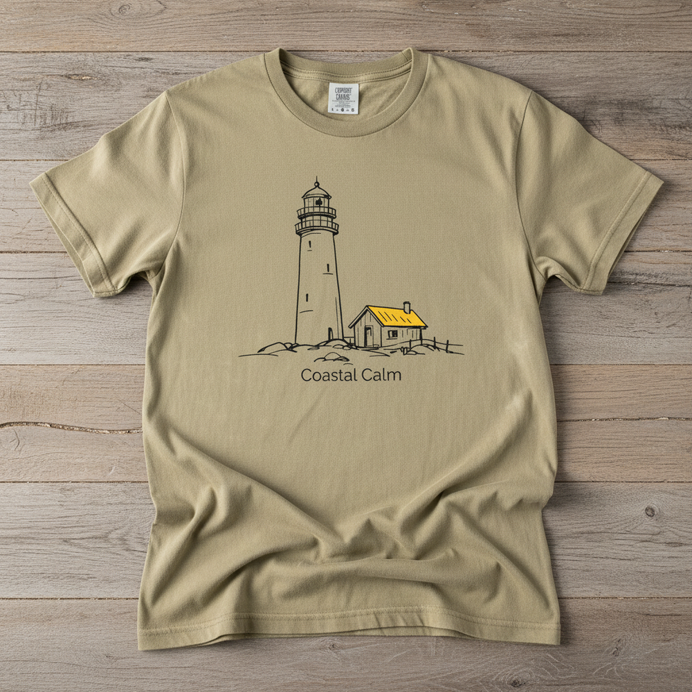 Coastal Calm Lighthouse Watch Hut khaki garment-dyed tee on faded driftwood planks