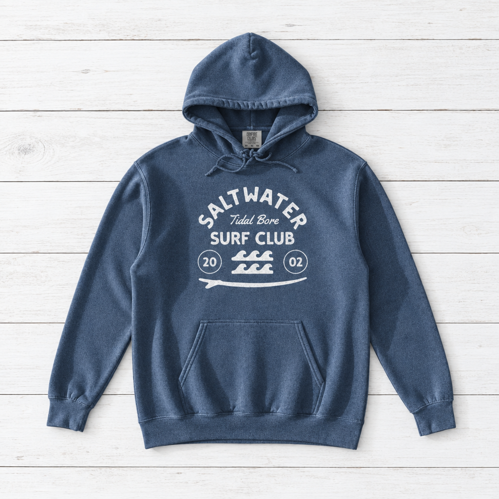 Denim Saltwater Tidal Bore Surf Club hoodie front on whitewashed boards