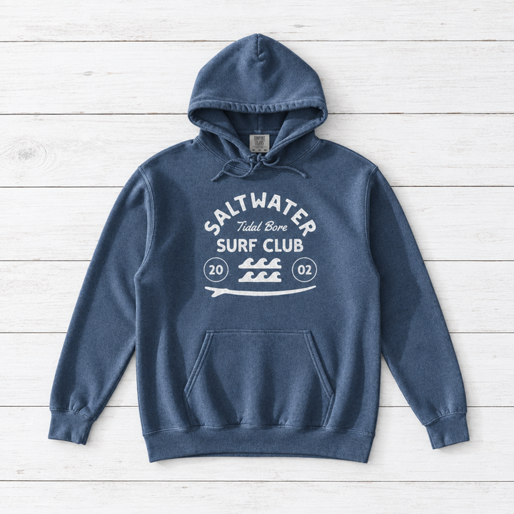 Denim Saltwater Tidal Bore Surf Club hoodie front on whitewashed boards