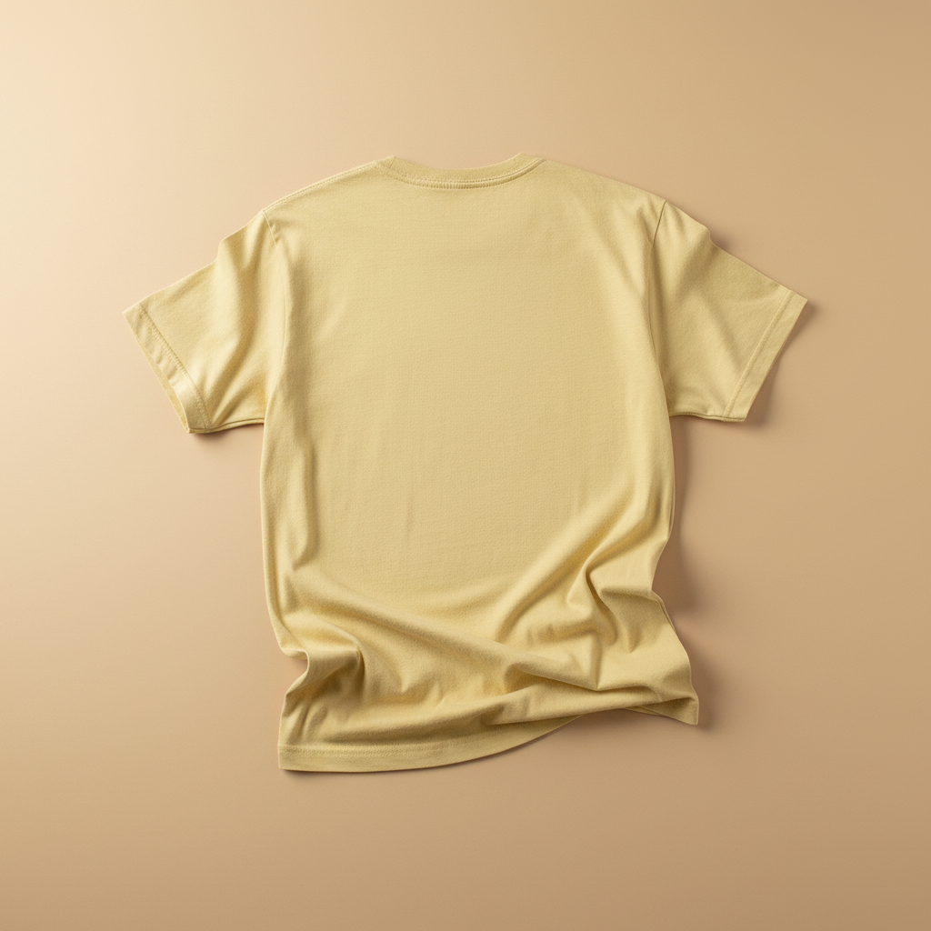 Super Stork Tee in Banana Yellow — plain back, warm sand studio background