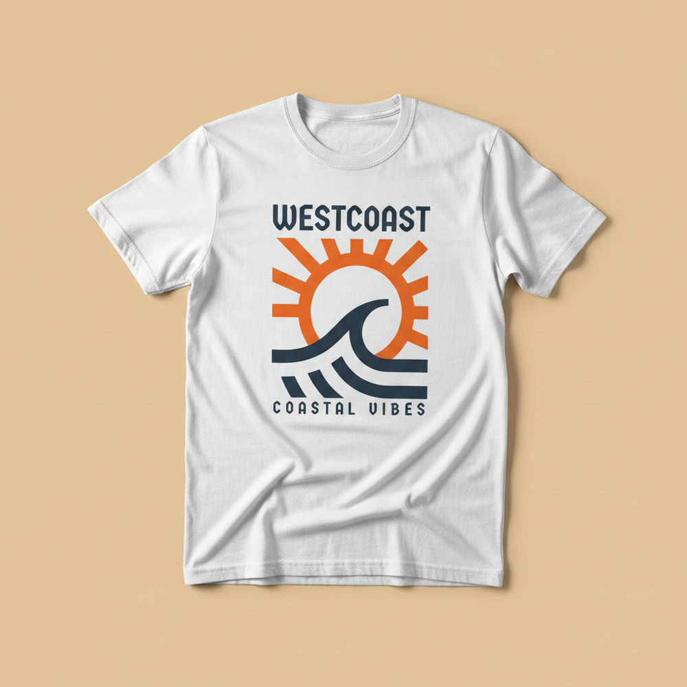 Westcoast Coastal Vibes Tee in White — front graphic, warm sand studio background