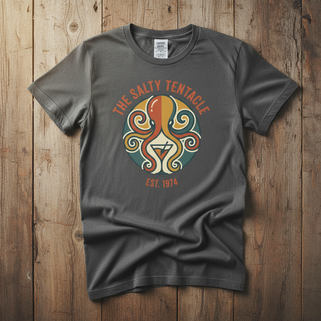 Salty Tentacle Bar graphite garment-dyed tee casually tousled on rustic reclaimed wood