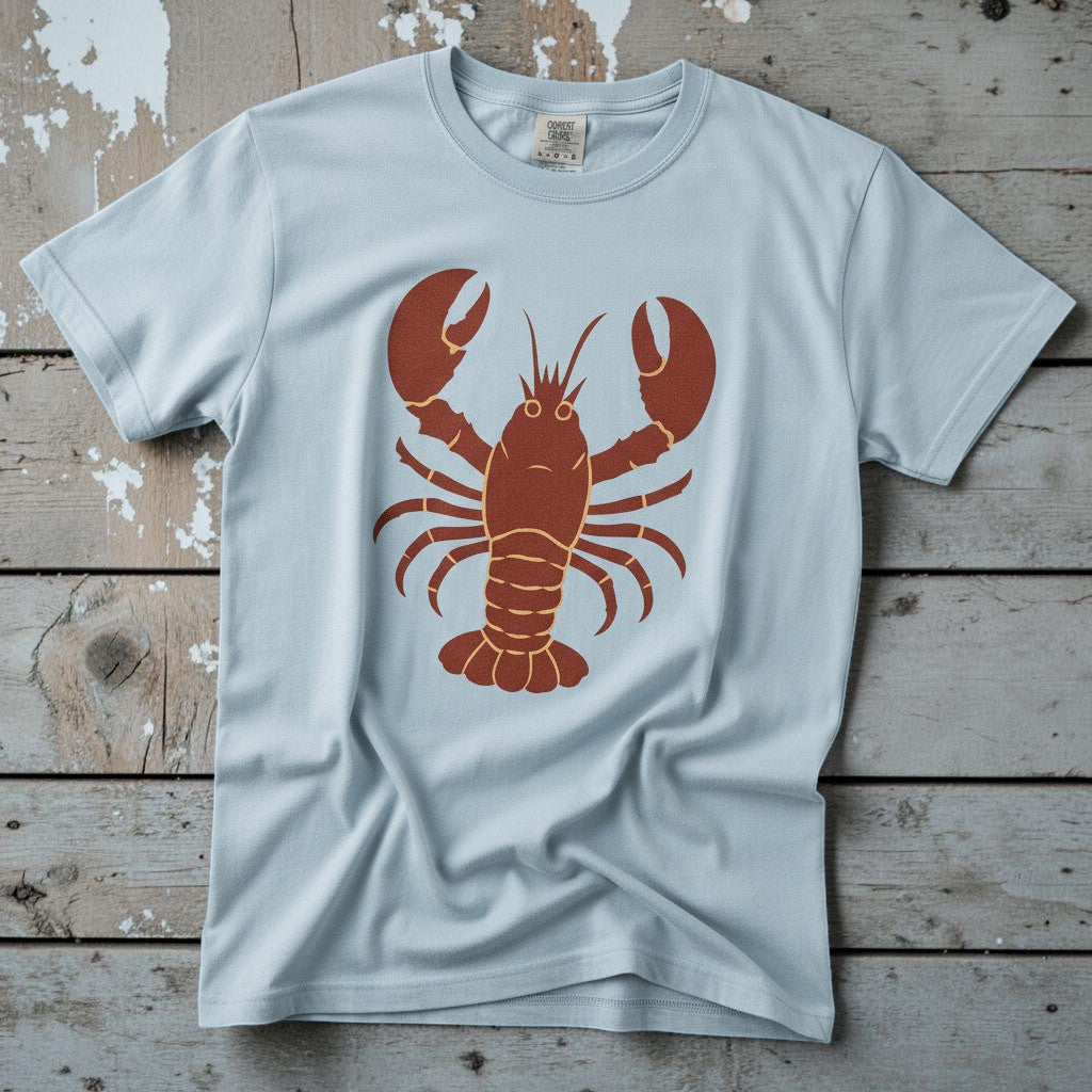Big Red Lobster chambray garment-dyed tee on faded driftwood planks