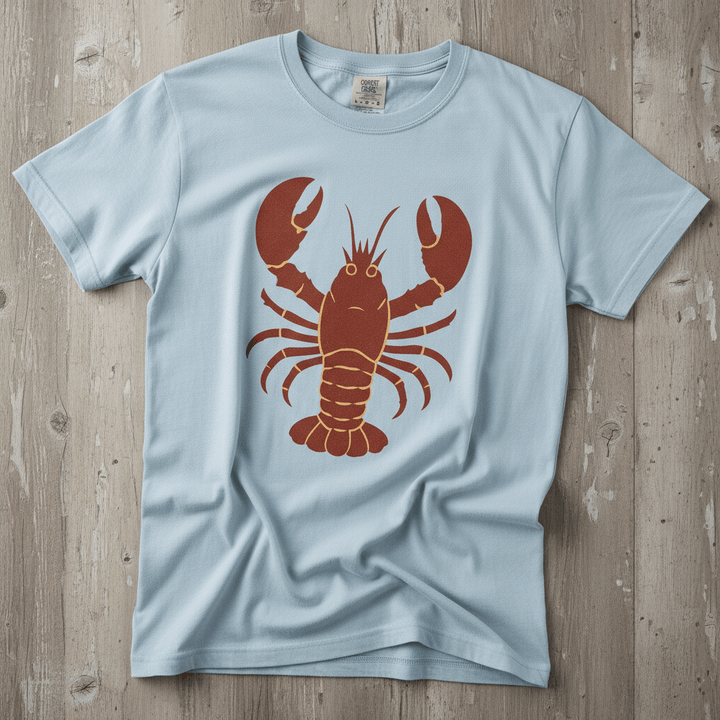 Big Red Lobster chambray garment-dyed tee on faded driftwood planks