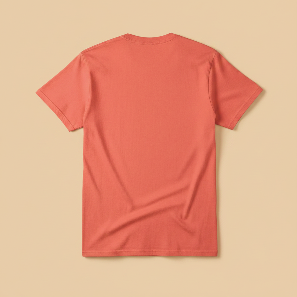 Beach Living Tee in Coral — plain back, warm sand studio background
