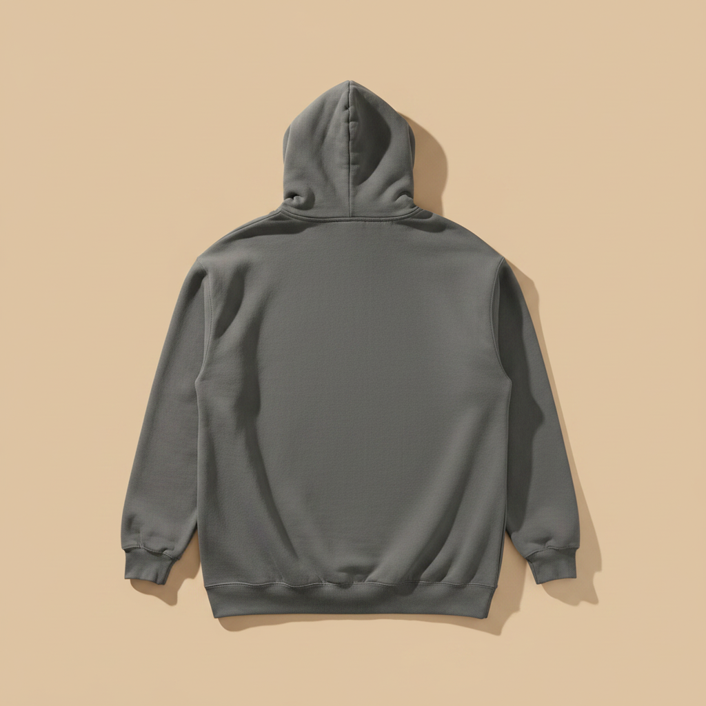 Surf Club Hoodie in Grey — plain back, warm sand studio background
