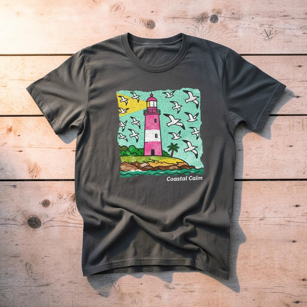 Coastal Calm Lighthouse Seagulls graphite garment-dyed tee on faded driftwood planks