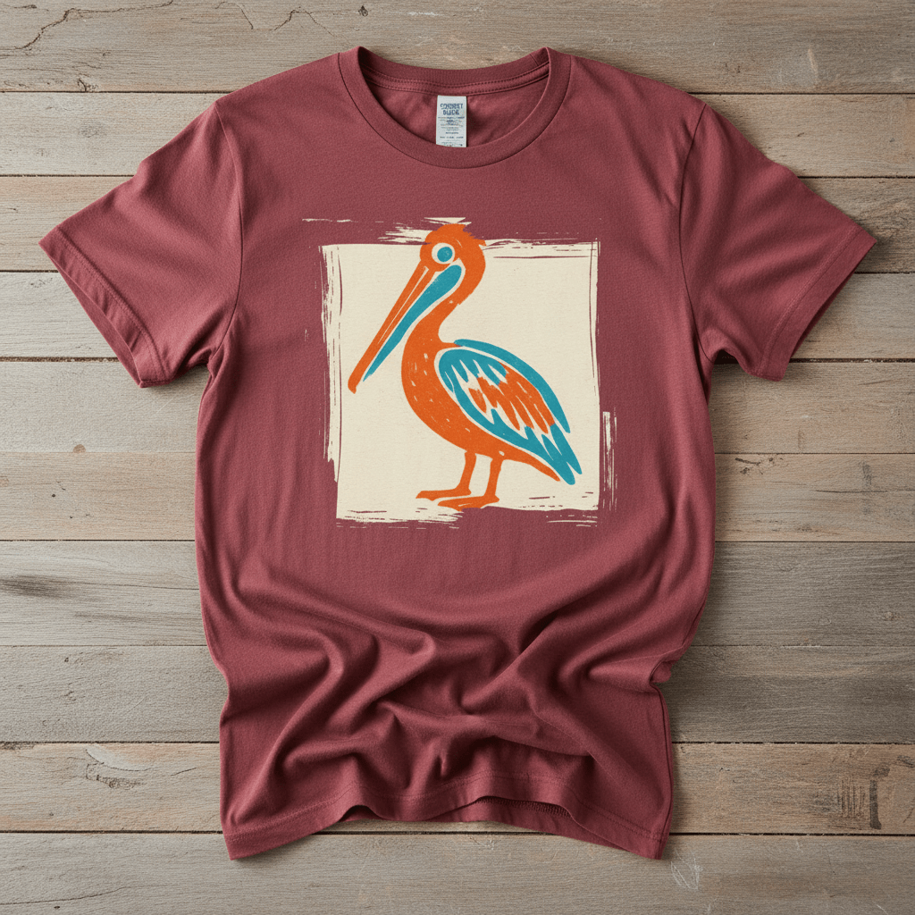 Colorful Beach Pelican chili garment-dyed tee on faded driftwood planks