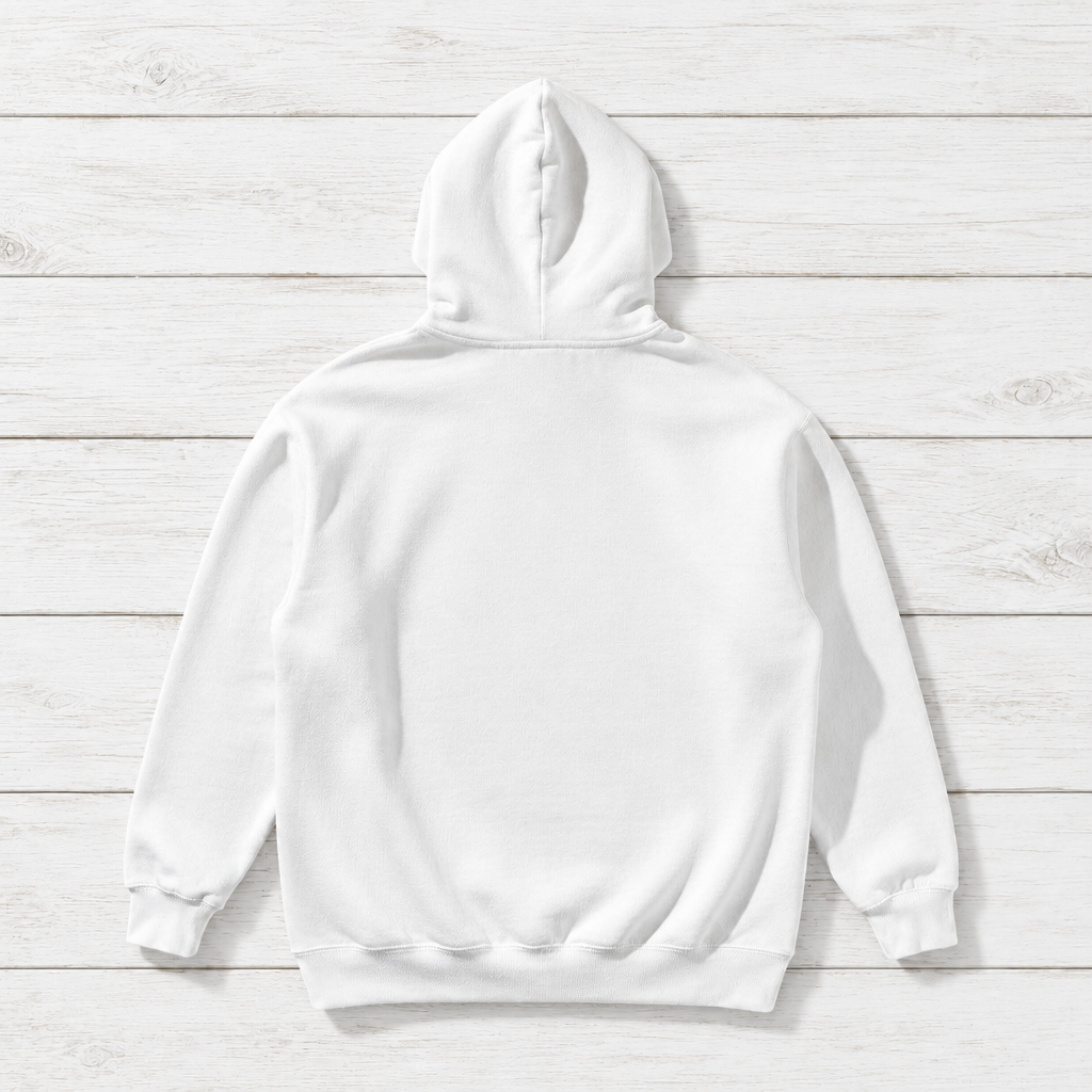 White Surf Club II hoodie back flat lay on whitewashed boards