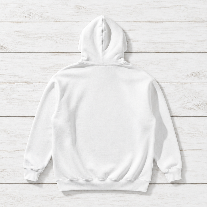 White Surf Club II hoodie back flat lay on whitewashed boards