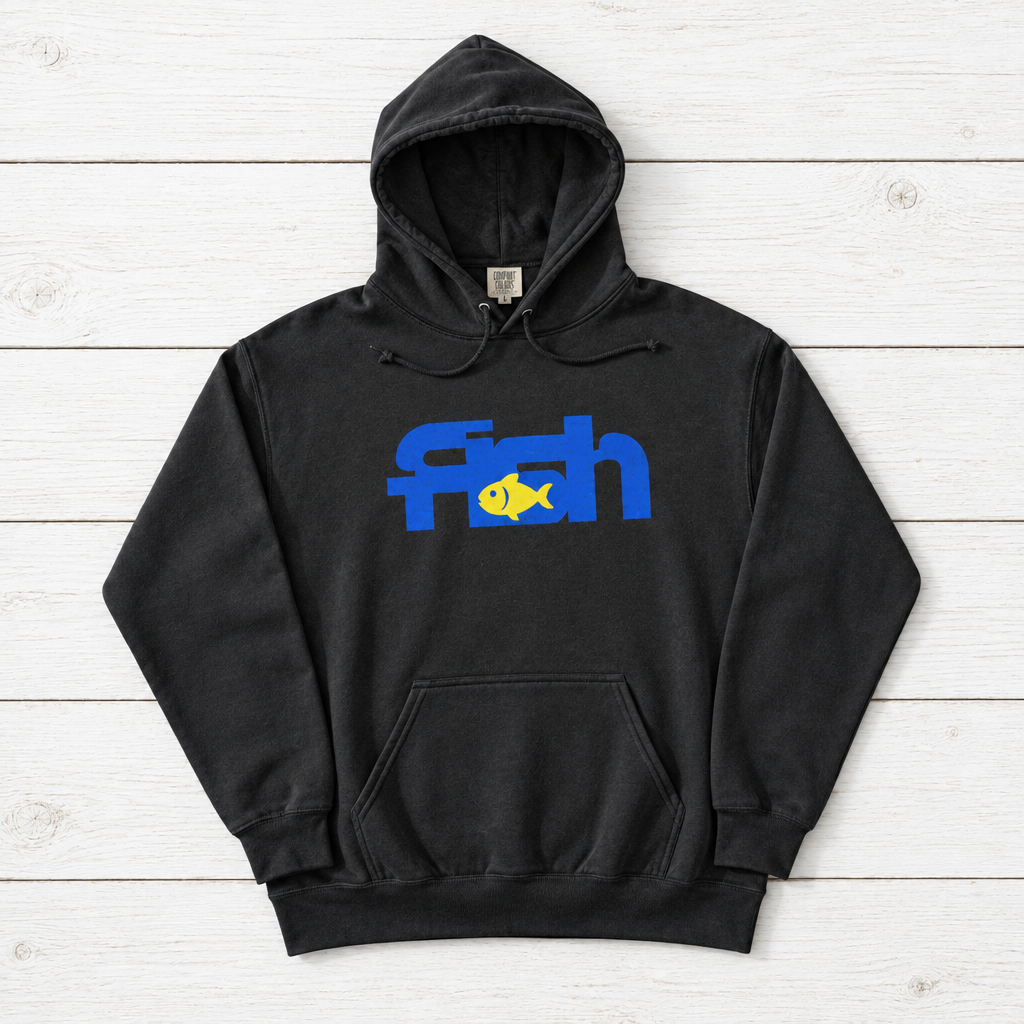 Pepper Fish hoodie front flat lay on whitewashed boards