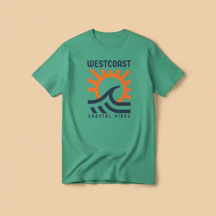 Westcoast Coastal Vibes Tee in Island Green — front graphic, warm sand studio background