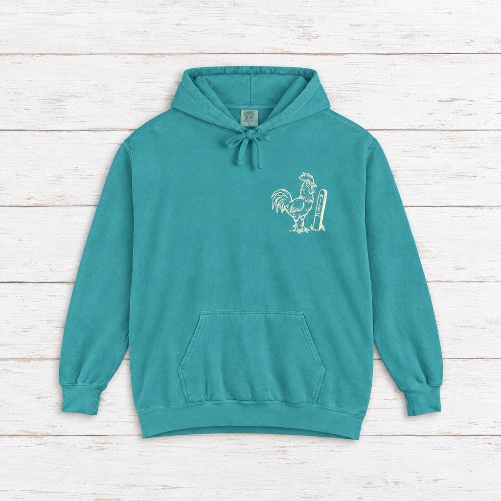 Rooster Surf hoodie flat lay on whitewashed boards