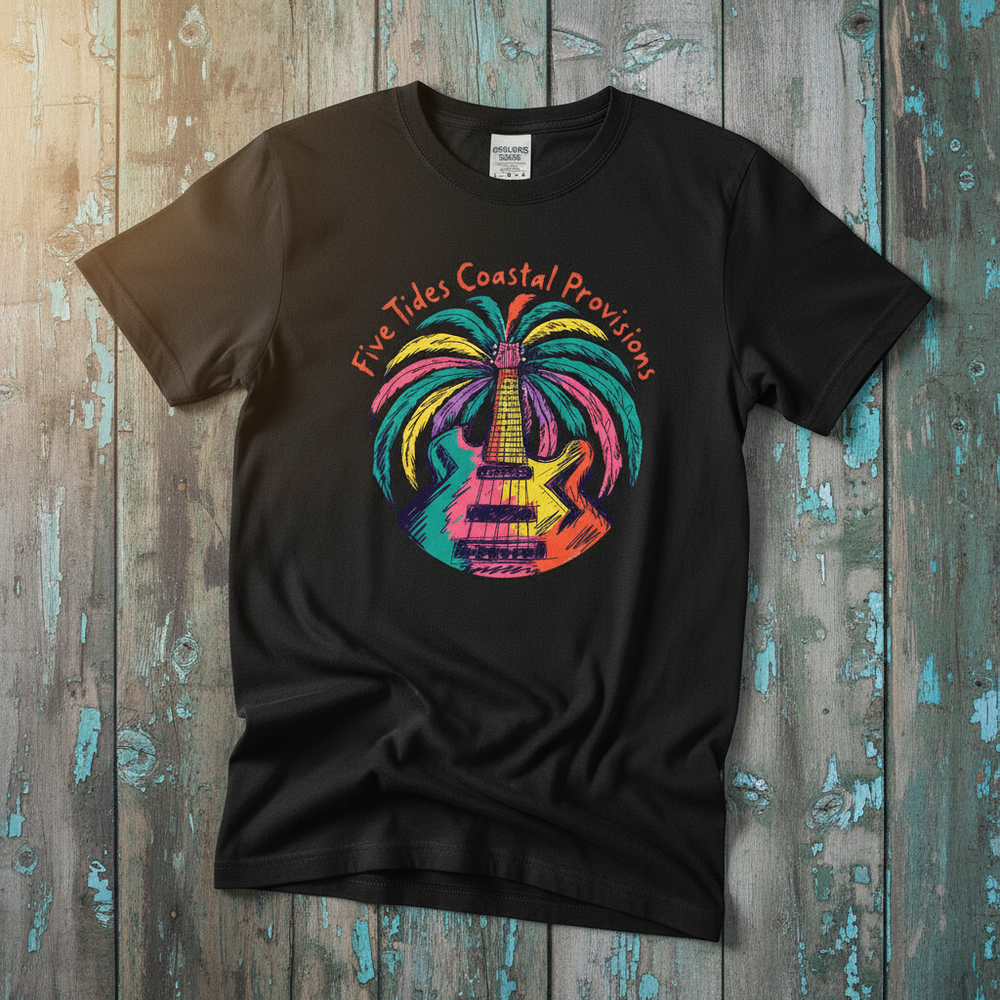 Rainbow Guitar Palm Tree black garment-dyed tee casually tousled on rustic reclaimed wood