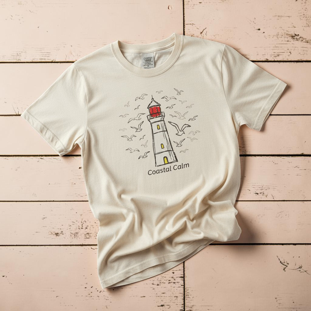 Coastal Calm Seabirds Lighthouse ivory garment-dyed tee on faded driftwood planks