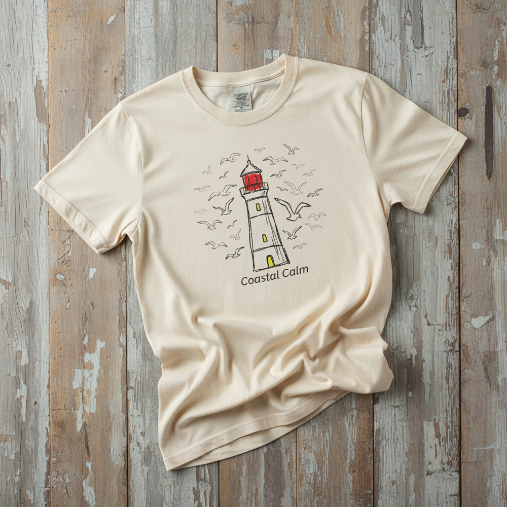 Coastal Calm Seabirds Lighthouse ivory garment-dyed tee on faded driftwood planks