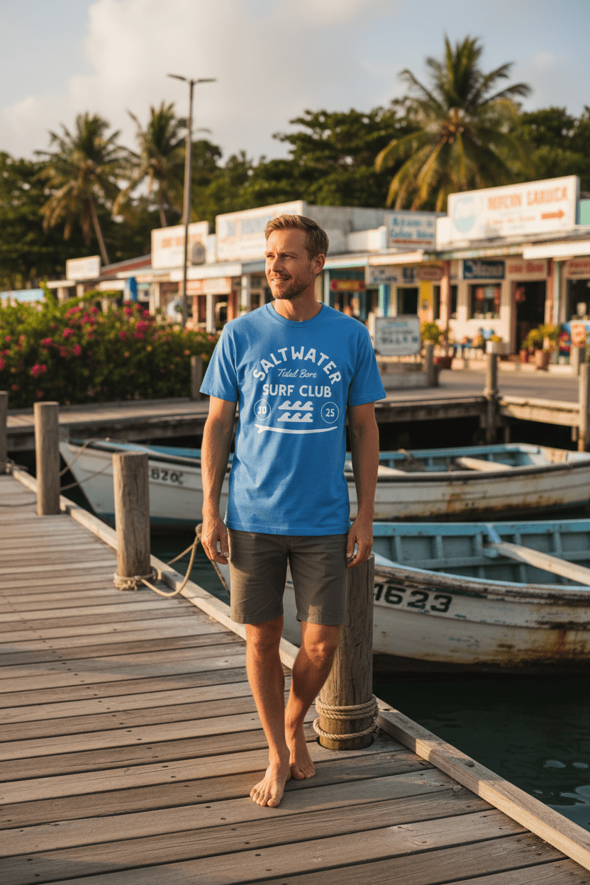 Male lifestyle - blue Saltwater Surf Club tee, tropical island dock