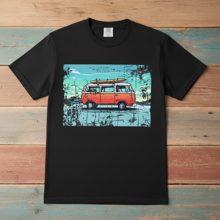 Retro Surfing Van Graphic Tee — Black on Colorful Driftwood