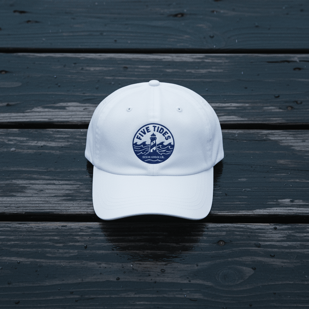 Five Tides Lighthouse Embroidered Dad Cap — White on Rain-Soaked Driftwood