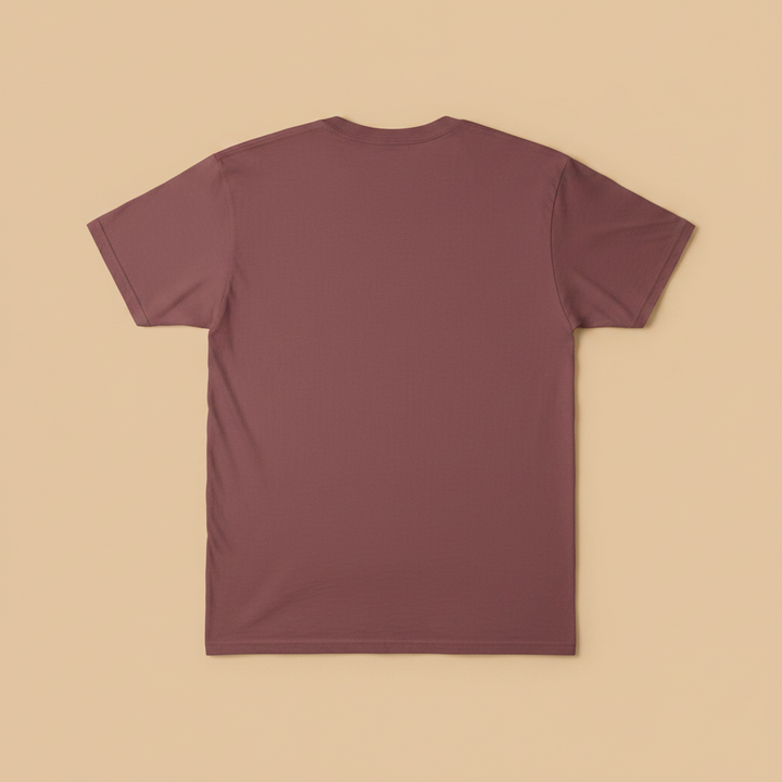 Anime Beach Tee in Mauve/Berry — plain back, warm sand studio background