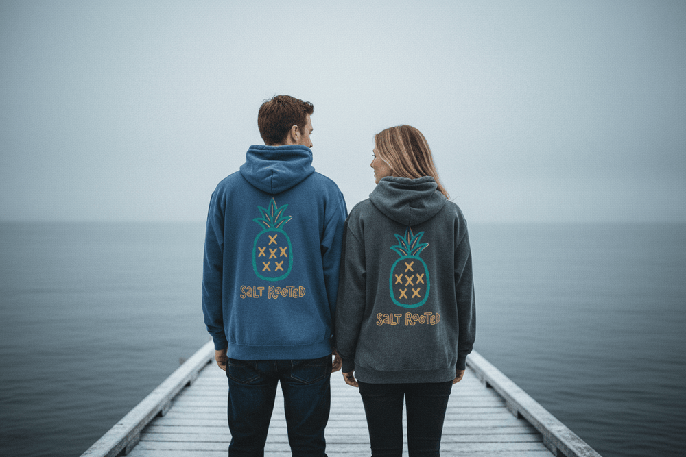 Couple showing backs of steel blue and graphite Salt Rooted pineapple hoodies on frost-dusted bleached wood boat dock