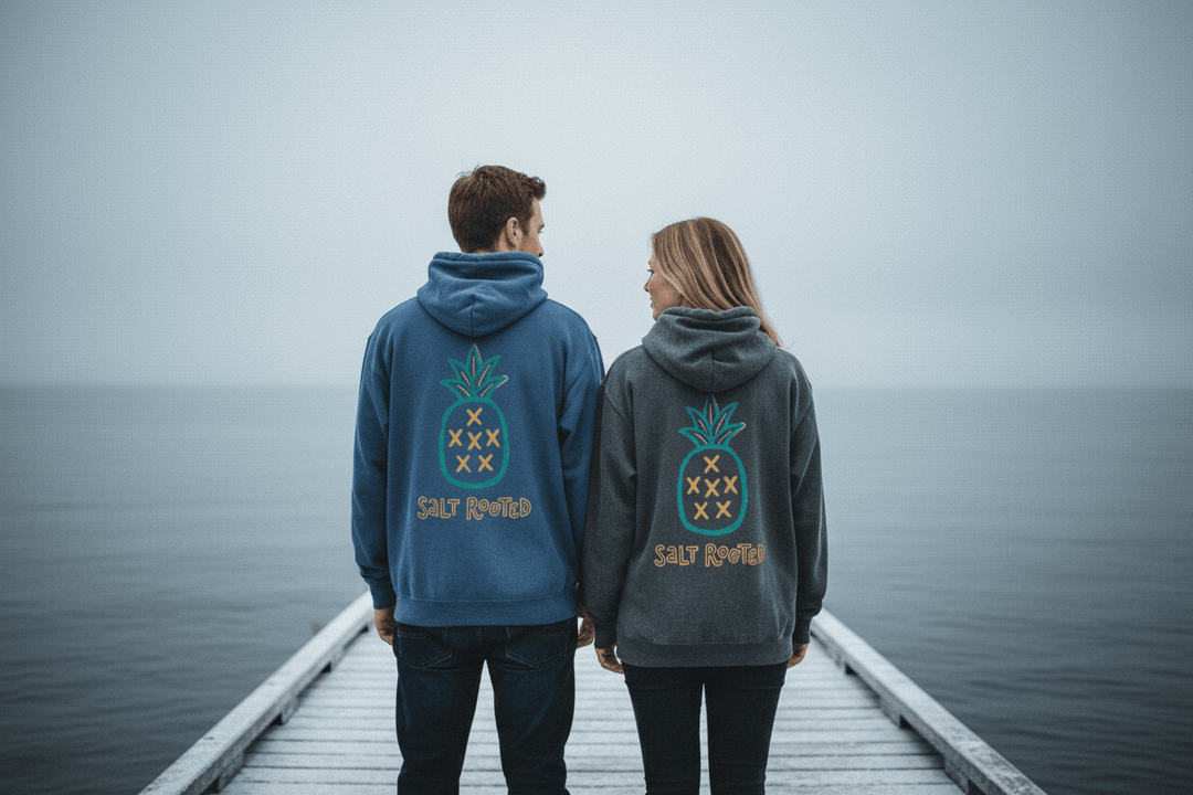 Couple showing backs of steel blue and graphite Salt Rooted pineapple hoodies on frost-dusted bleached wood boat dock